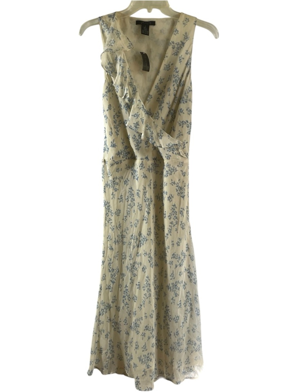 The Limited Silk Dress Ivory Blue Floral FauxWrap Cottagecore Midi Sleeveless-8